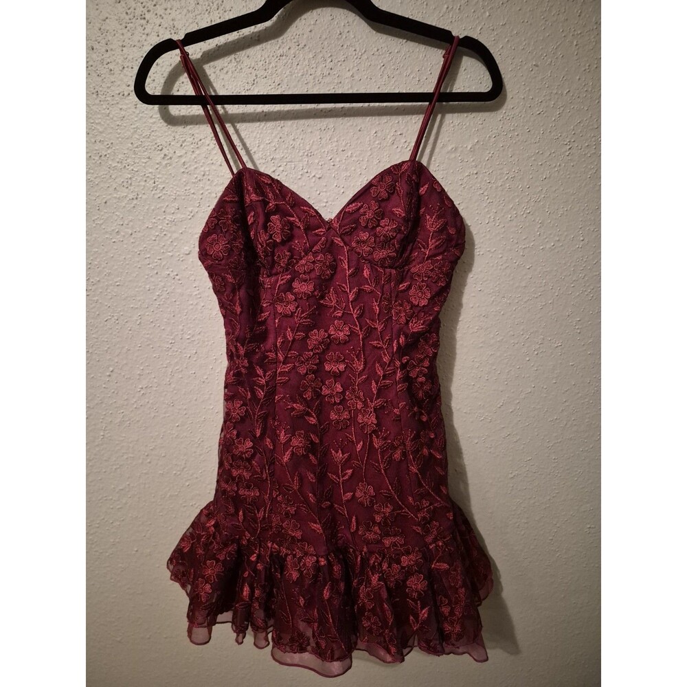 Lulus Lavish Lifestyle Burgundy Enbroidered Ruffled Mini Dress S Floral Flirty - Picture 2 of 10